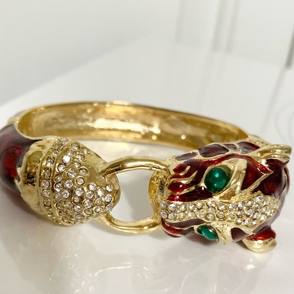 Vintage Tiger Rhinestone Bangle Bracelet Chunky Costume - Picture 1 of 13